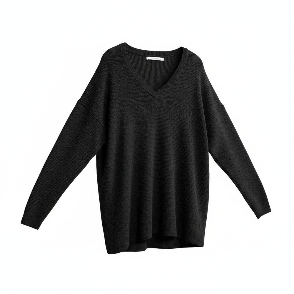 By Egreis Womens XL Black 100% Cotton V-Neck Oversized Comfy Ribbed Knit Sweater
